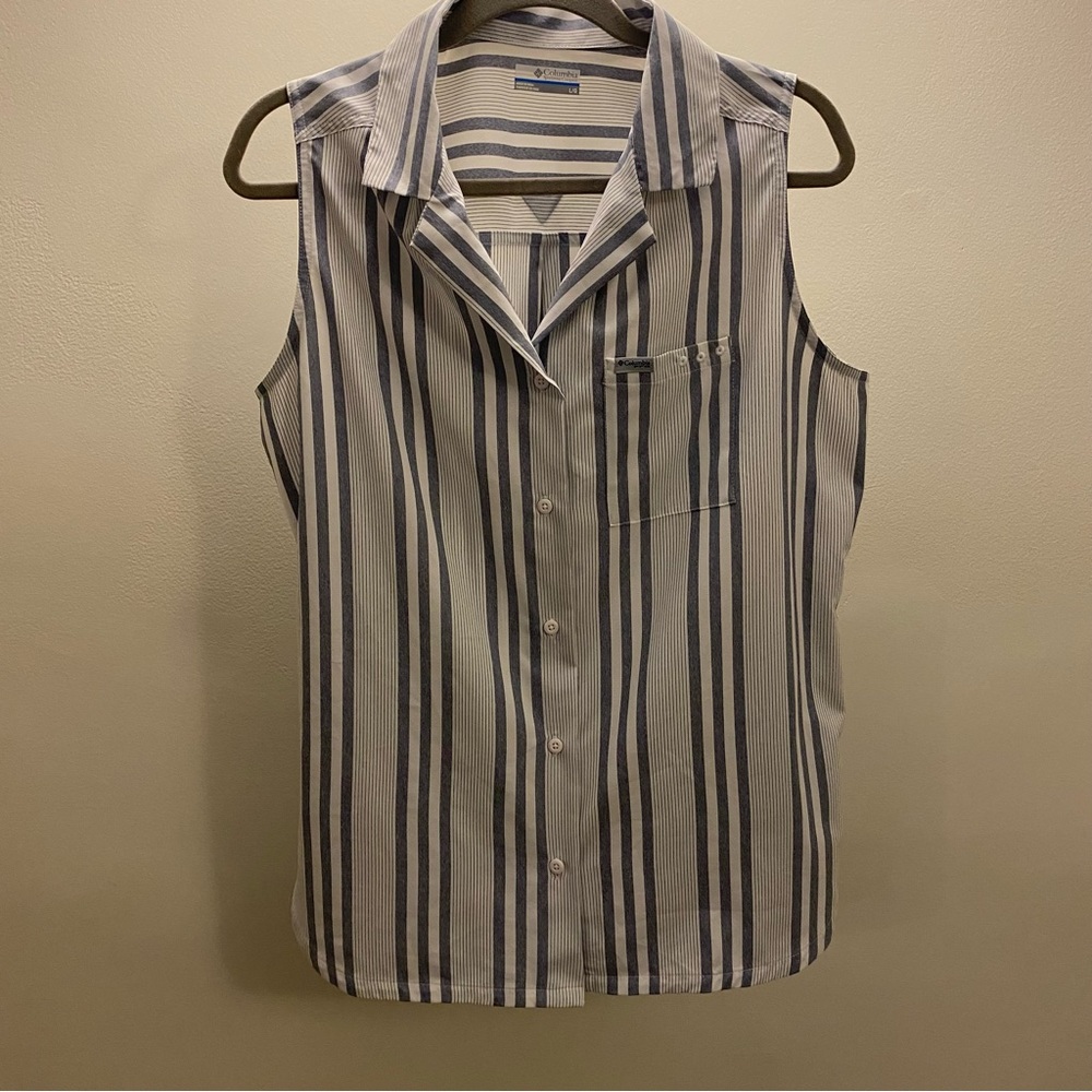 Columbia PFG Women’s Large Striped Performance Fishing Shirt Sleeveless Outdoors